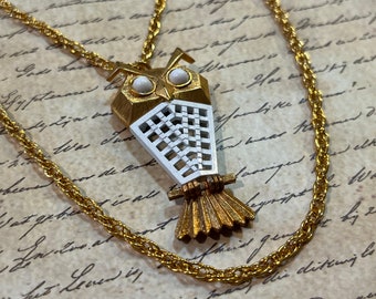 vintage owl necklace 1970s gold enamel pendant and double chain