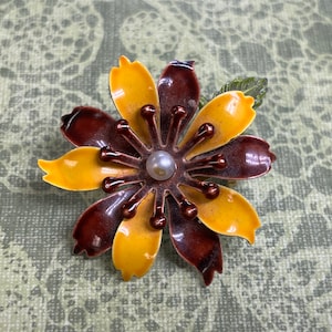 enamel flower brooch 1960s yellow and brown floral pin image 1