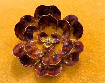 1960s enamel flower brooch vintage golden brown floral pin