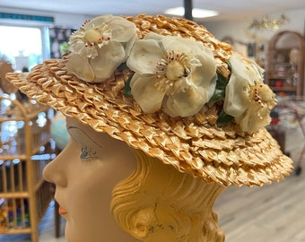 peach straw floral hat 1940s woven millinery cap