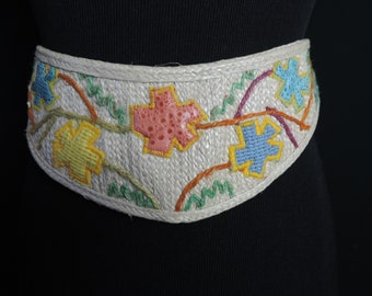 boho floral belt vintage 1970s textile hippie kidney belt medium