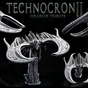 May include: A 3D printed model of a biomechanical creature with wings, inspired by the work of H.R. Giger. The model is in a gray color and has a detailed, intricate design.