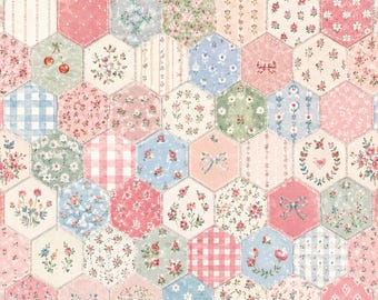 May include: A fabric pattern featuring a repeating hexagonal patchwork design. Each hexagon displays a unique print, including floral motifs, pink and blue gingham checks, vertical stripes, small cherries, and decorative bows in soft pastel colors.