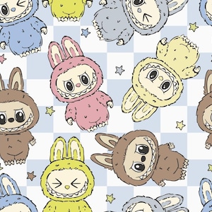 Tela Labubu Tela de Monstruos Mágicos Tela de Muñeca Monstruosa Tela de Algodón de Dibujos Animados de Monstruo Conejito Kawaii Tela de Anime por Media Yarda