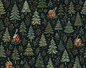 May include: A dark green fabric pattern featuring a repeating winter scene with various evergreen trees, small red houses with chimneys emitting smoke, and scattered white dots representing falling snow across the entire surface.