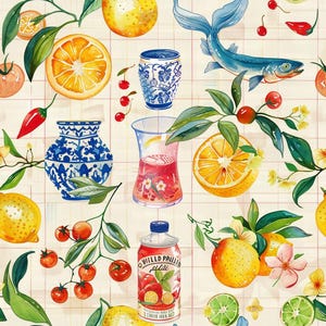 May include: A repeating pattern featuring watercolour illustrations of oranges, lemons, limes, red tomatoes, cherries, red chilli peppers, a blue and white patterned vase, a blue and white jar, a glass of red liquid, and a fish on a grid background.