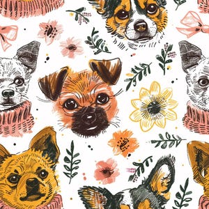 May include: A repeating pattern illustration featuring stylized dog faces in shades of brown, black, and white, interspersed with pink and yellow flowers, green leafy sprigs, and small pink bows on a white background with a textured pencil effect.