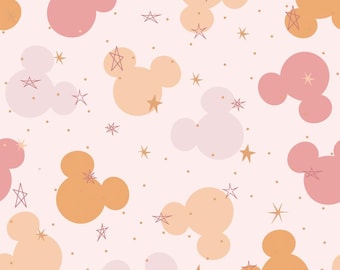 May include: A seamless pattern featuring pink, orange, and purple Mickey Mouse ears with gold stars on a light pink background.