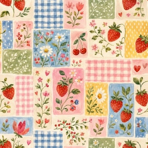 Aardbeienpatchwork katoenen stof, cottagecore bloemenstof, gingham fruitstof, madeliefjesstof, kersenstof, 100% katoenstof per halve meter