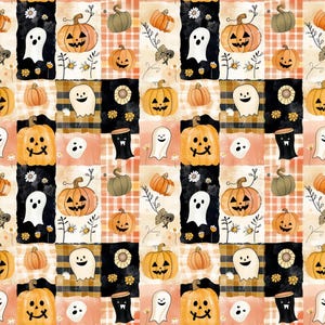May include: A repeating pattern fabric featuring orange jack-o'-lanterns, white ghosts, and small black silhouettes of figures on a background of black, orange, and cream-colored squares, stripes, and plaid sections with small floral accents.