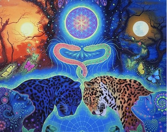 Armonía y Conexión- Giclée Visionary Art Print – Duality of Nature, Jaguar & Serpent Portal – Psychedelic Canvas Wall Art