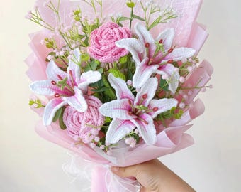 Crochet Lily Bouquet – Pink Stargazer Lilies, 3 Styles, Handmade Yarn Flowers