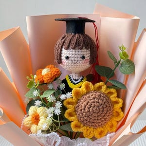 Crochet Graduation Bouquet – Handmade Class of 2026 Gift with Custom Graduate Doll & Flowers image 13
