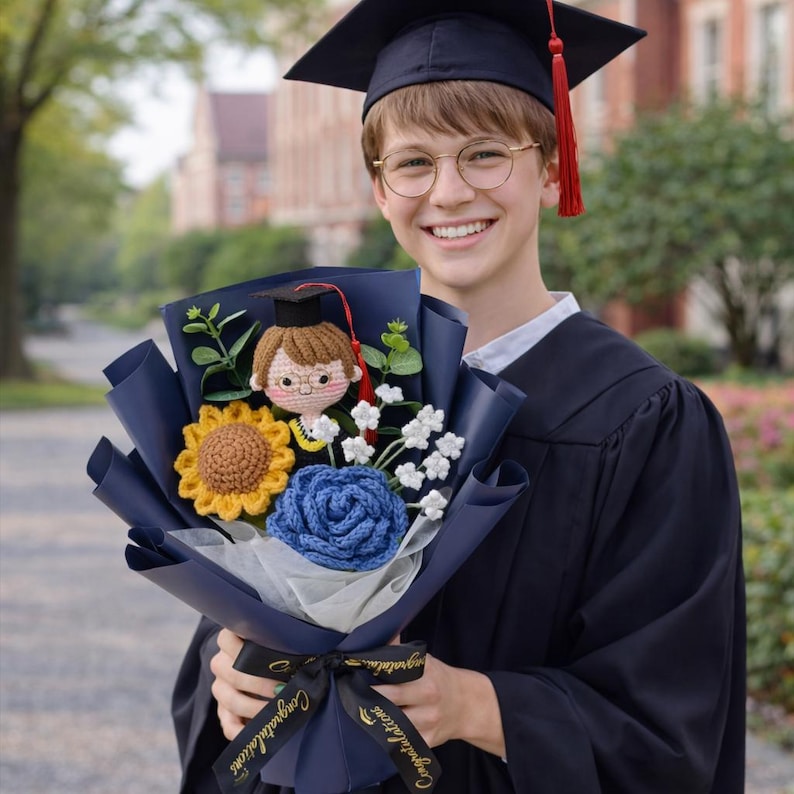 Crochet Graduation Bouquet – Handmade Class of 2026 Gift with Custom Graduate Doll & Flowers image 19