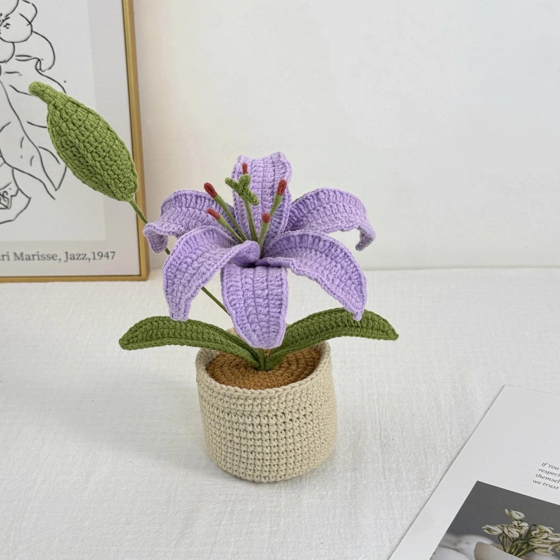 Crochet Lily Flower Pot: Custom Plant Tag, Boho Decor Gift Lavender