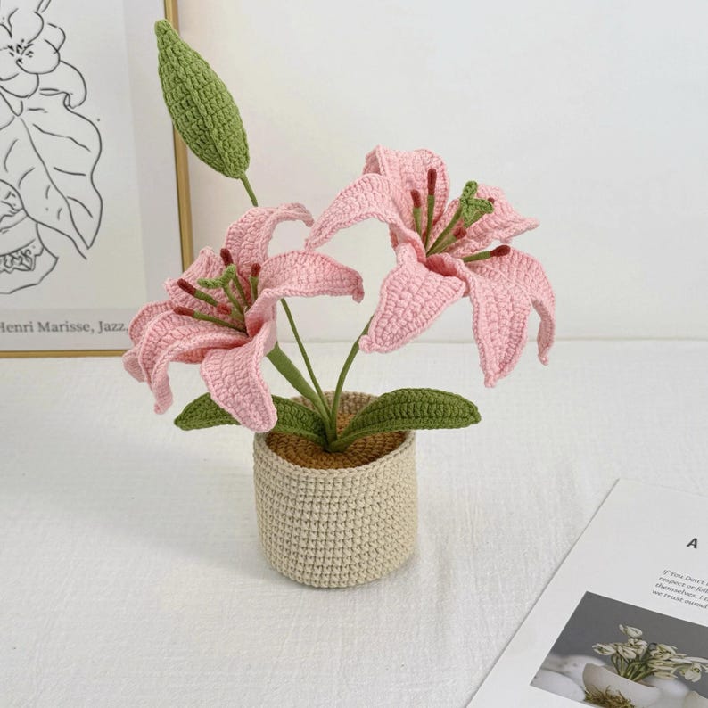 Crochet Lily Flower Pot: Custom Plant Tag, Boho Decor Gift Double - Pink