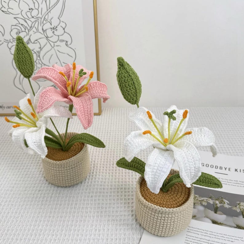 Crochet Lily Flower Pot: Custom Plant Tag, Boho Decor Gift image 4