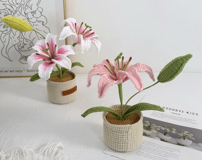 Handmade Crochet Lily Potted Plant: Floral Home Decor Gift