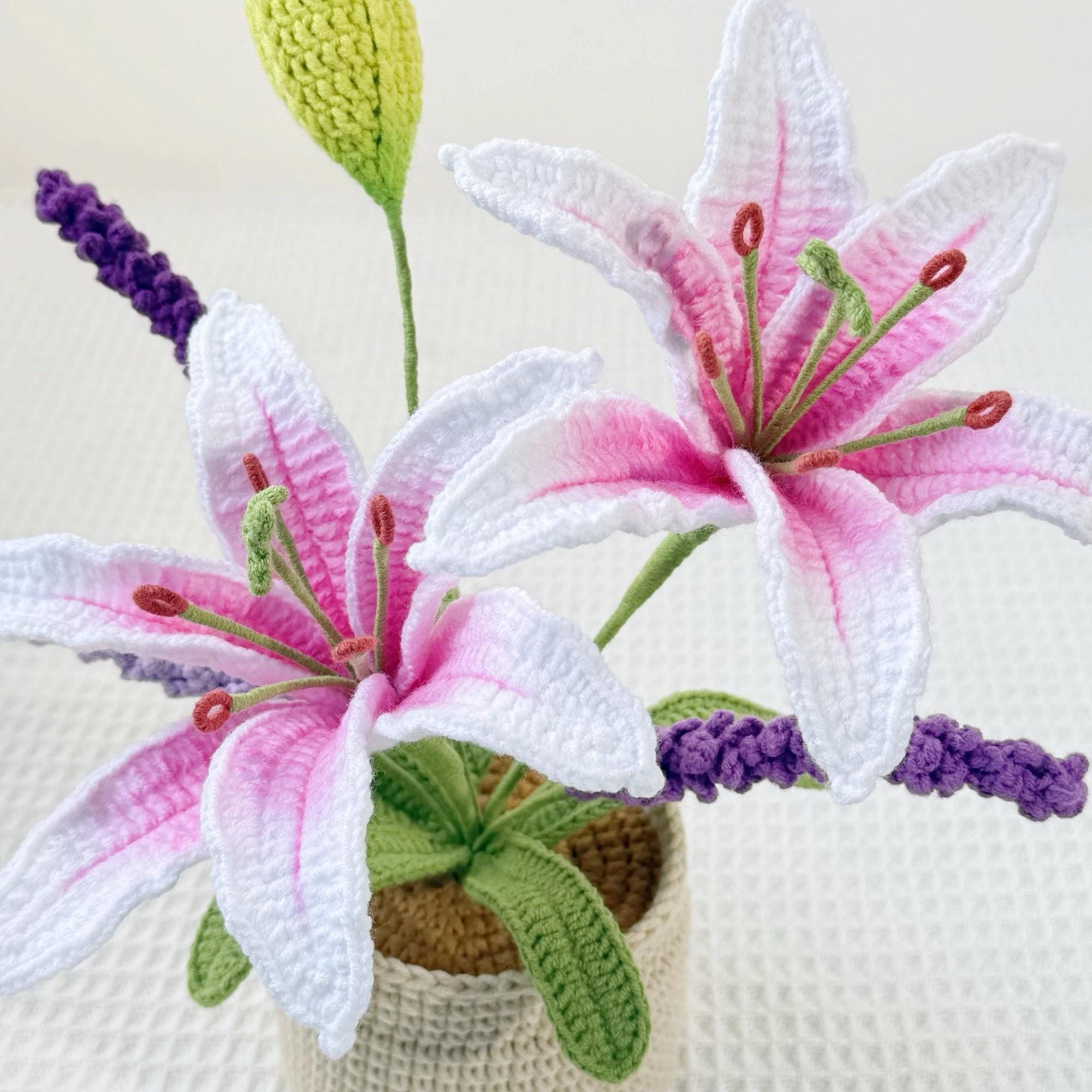 Crochet Lily & Lavender Potted Plant, Stargazer Lily Style, Yarn