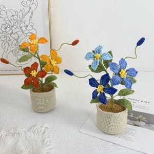 Könnte beinhalten: Zwei gehäkelte Blumenarrangements in beigen Töpfen. Eines hat orange und gelbe Blüten, das andere blaue Blüten. Die Blumen haben grüne Blätter und stehen vor einem neutralen Hintergrund.