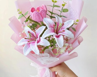 Crochet Lily Bouquet, Pink Stargazer Lilies, Handmade Forever Flower Gift, 3 Sizes