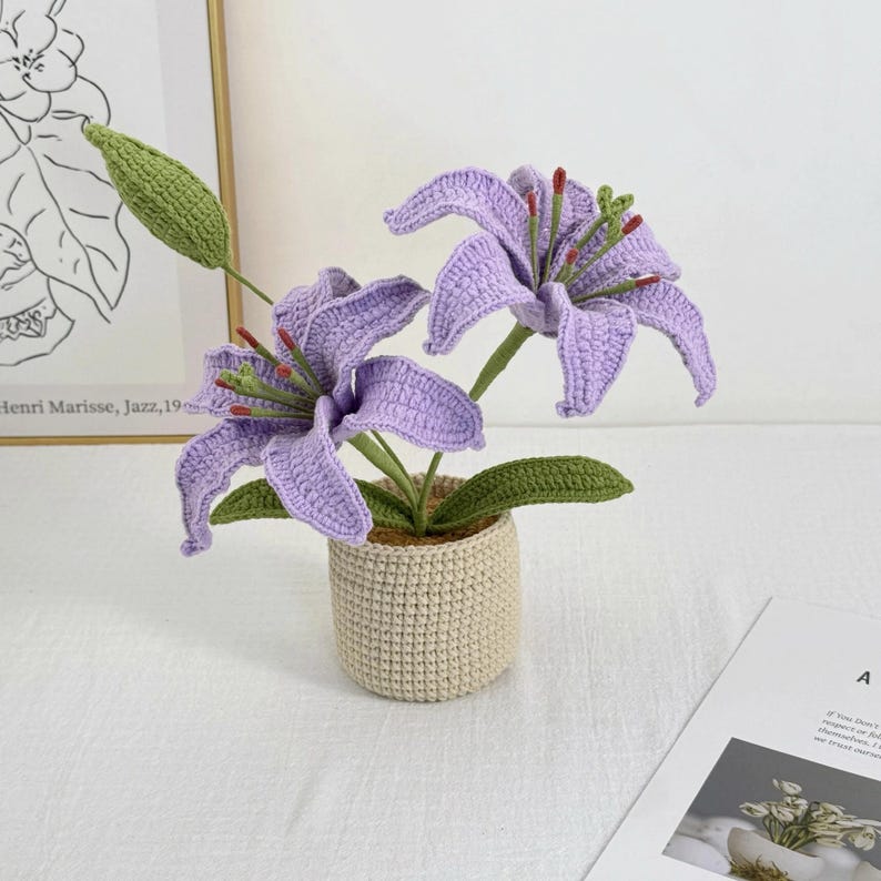 Crochet Lily Flower Pot: Custom Plant Tag, Boho Decor Gift Double - Lavender