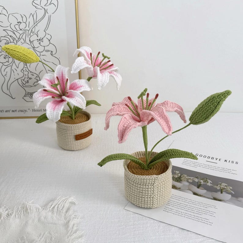 Crochet Lily Flower Pot: Custom Plant Tag, Boho Decor Gift image 15