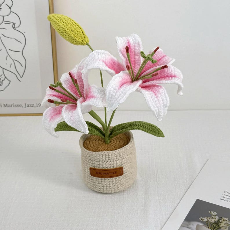 Crochet Lily Flower Pot: Custom Plant Tag, Boho Decor Gift Double - Stargazer
