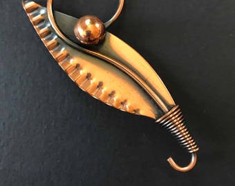 Mid Century Modern Copper Leaf and Berry Brooch, 3 Inches Long