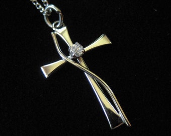 Sterling Silver Cross on Sterling Chain, Dainty Cross with CZ