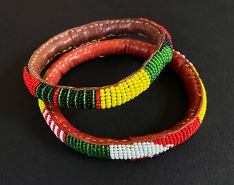 Native American Beaded Leather Bracelets Set of 2 Seed Beaded Bangles Red, Green, Yellow