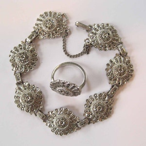 Art DECO Sterling Silver Marcasite Bracelet and Ring Size 4.5 image 2