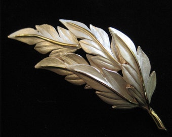 Beautiful White Frosted Leaf Brooch in Gold Tone