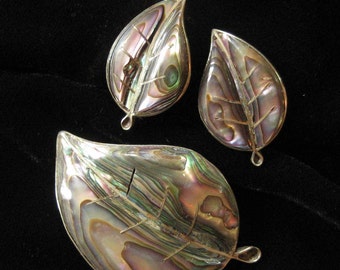 Mexico Sterling Abalone Leaf Brooch and Earring Set