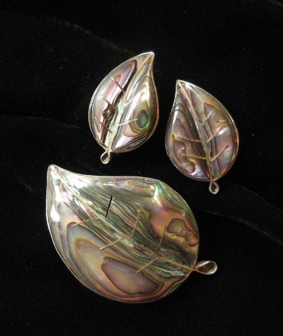 Mexico Sterling Abalone Leaf Brooch and Earring Se