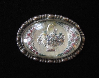 Victorian Reverse Carved Intaglio Pin, Classic Flower Basket Design