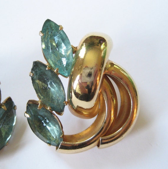 Large 1940's Aqua Rhinestone Earrings, Bold Moder… - image 4