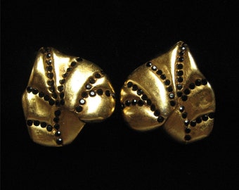 Antigone PARIS Designer Leaf Earrings, Gold Plated, Black Rhinestone