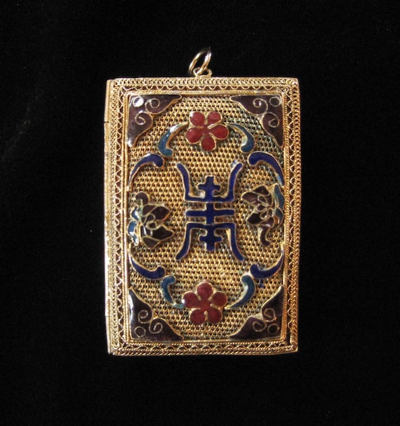 Chinese Mesh Enamel Perfume Pendant, Gold Wash - image 1