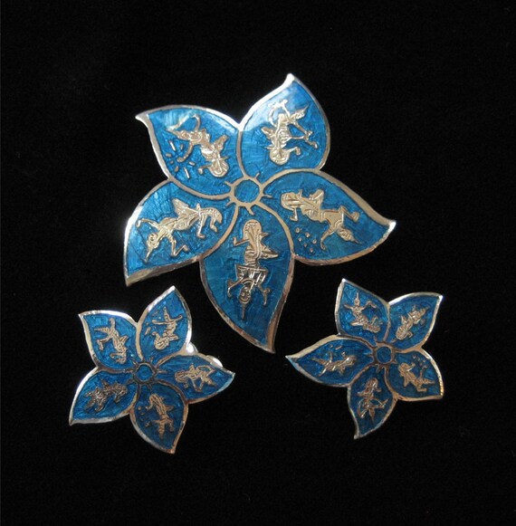 Blue Enamel Siam Sterling Star Brooch and Earring