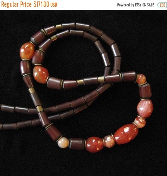 1940's Dark Orange Bakelite and Red Banded Agate … - image 1