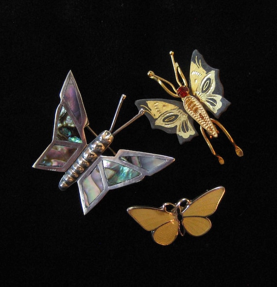 Three Butterfly Pins, Sterling, Guilloche, Damasce