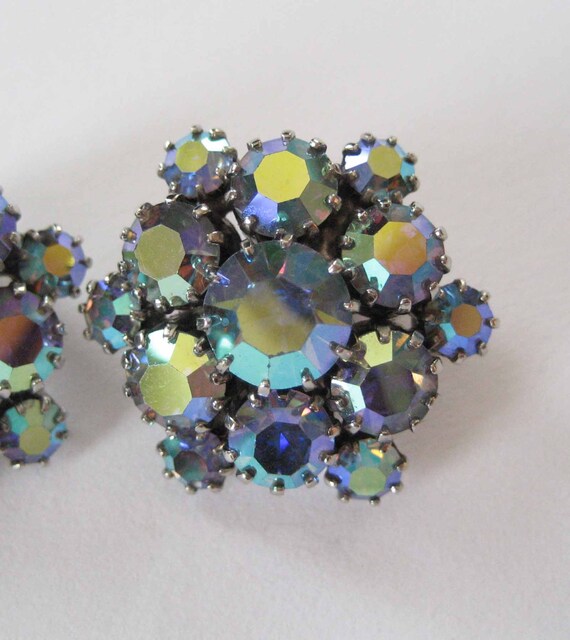 Peacock Blue AB Rhinestone Earrings, 1960's - image 3