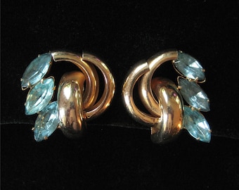 Large 1940's Aqua Rhinestone Earrings, Bold Modernist Design