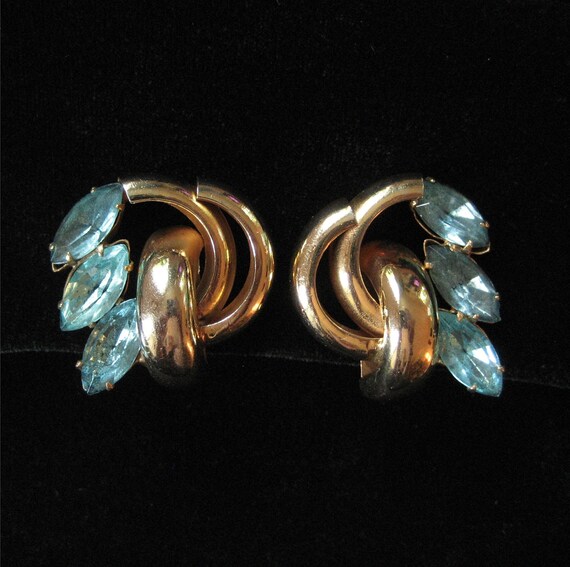 Large 1940's Aqua Rhinestone Earrings, Bold Moder… - image 1