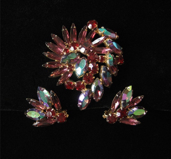 Purple and Red Rhinestone Demi, Brooch and Earrin… - image 1