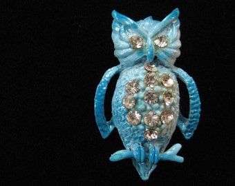 Turquoise Enamel Owl Pin with Rhinestones