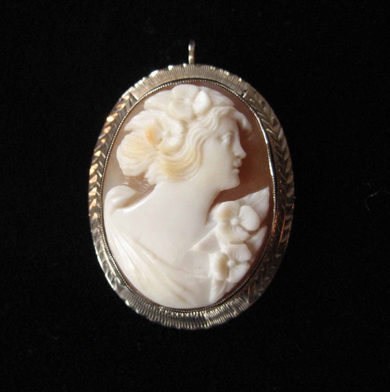 14K White Gold Cameo Pin/Pendant Genuine Shell Cam