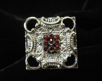 Square Costume Cocktail Ring, Tiny Red Stones, Adjustable