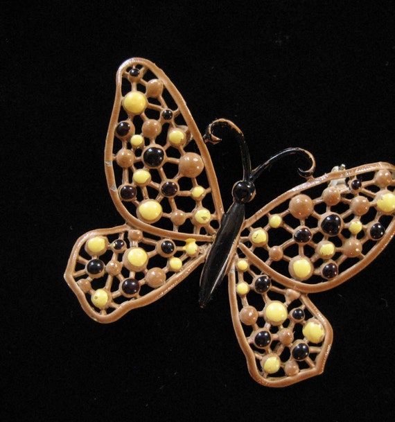 Tan Enamel Butterfly with Black and Yellow